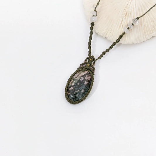 [MMOJ01] Ocean Jasper Pendant Macrame Long Necklace 海洋碧玉吊咀編織長頸鍊