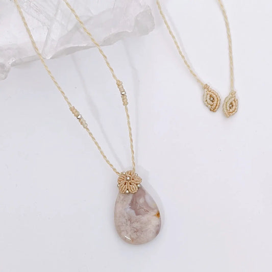 [MMFA01] Flower Agate Pendant Macrame Long Necklace 櫻花瑪瑙吊咀編織長頸鍊